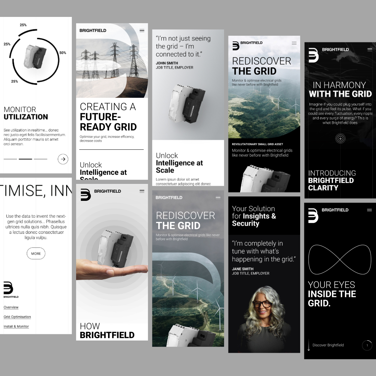 Various draft designs for the Brightfield website, showing the evolution towards the final design