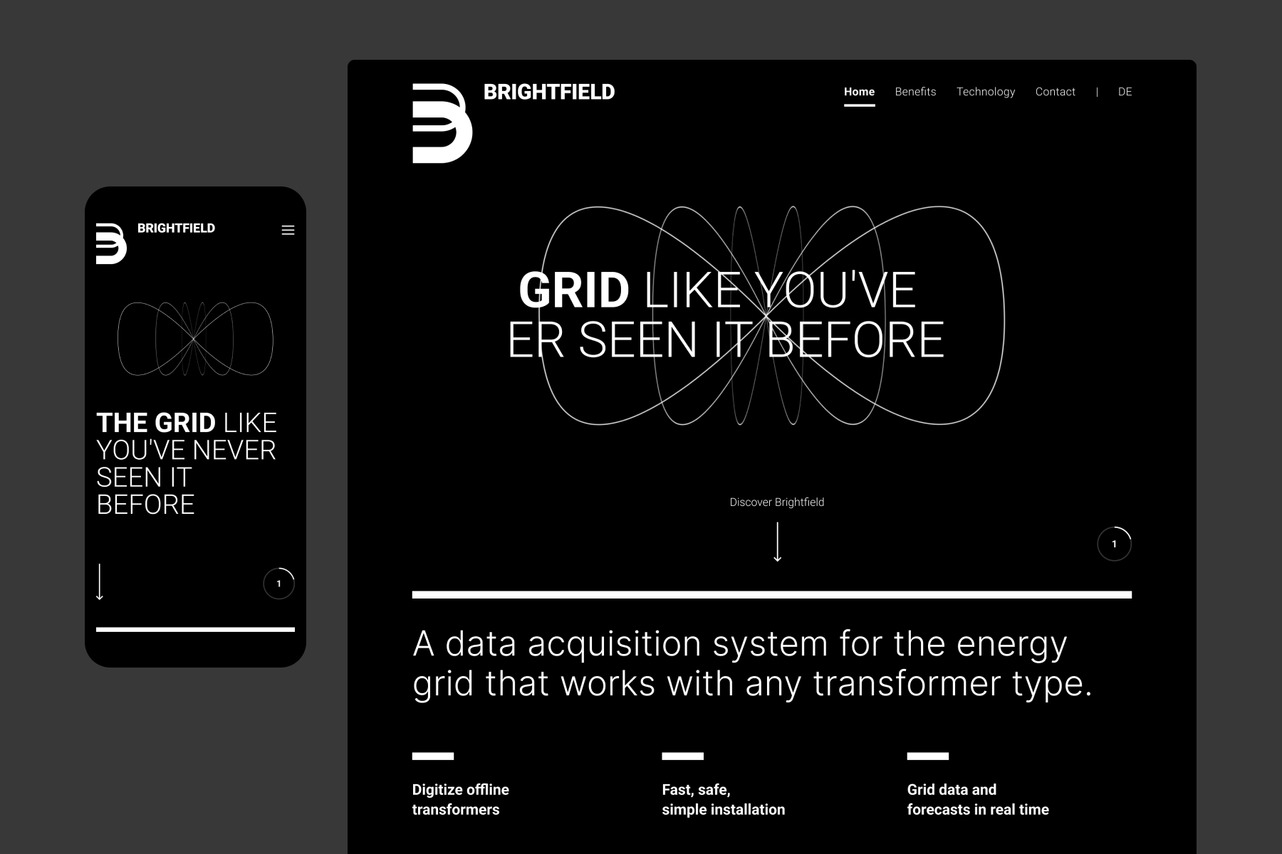 A mockup showing mobile and desktop view of the final Brightfield launch website on a dark grey background
