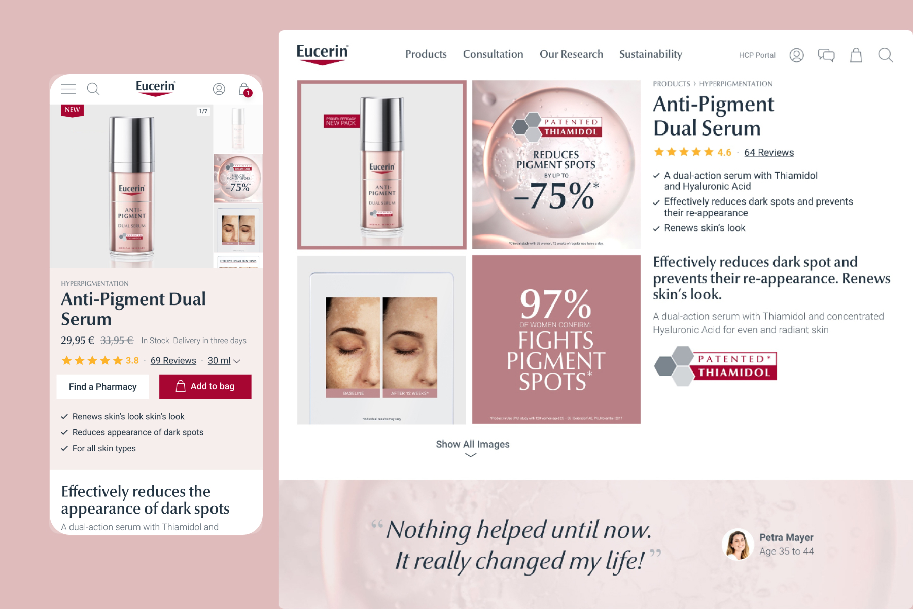 Mockup showing mobile and desktop view of the final Eucerin e-commerce website on a pink background