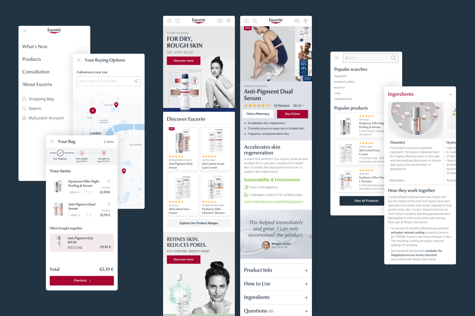 Various final mobile-first UI designs for the Eucerin website on a red background
