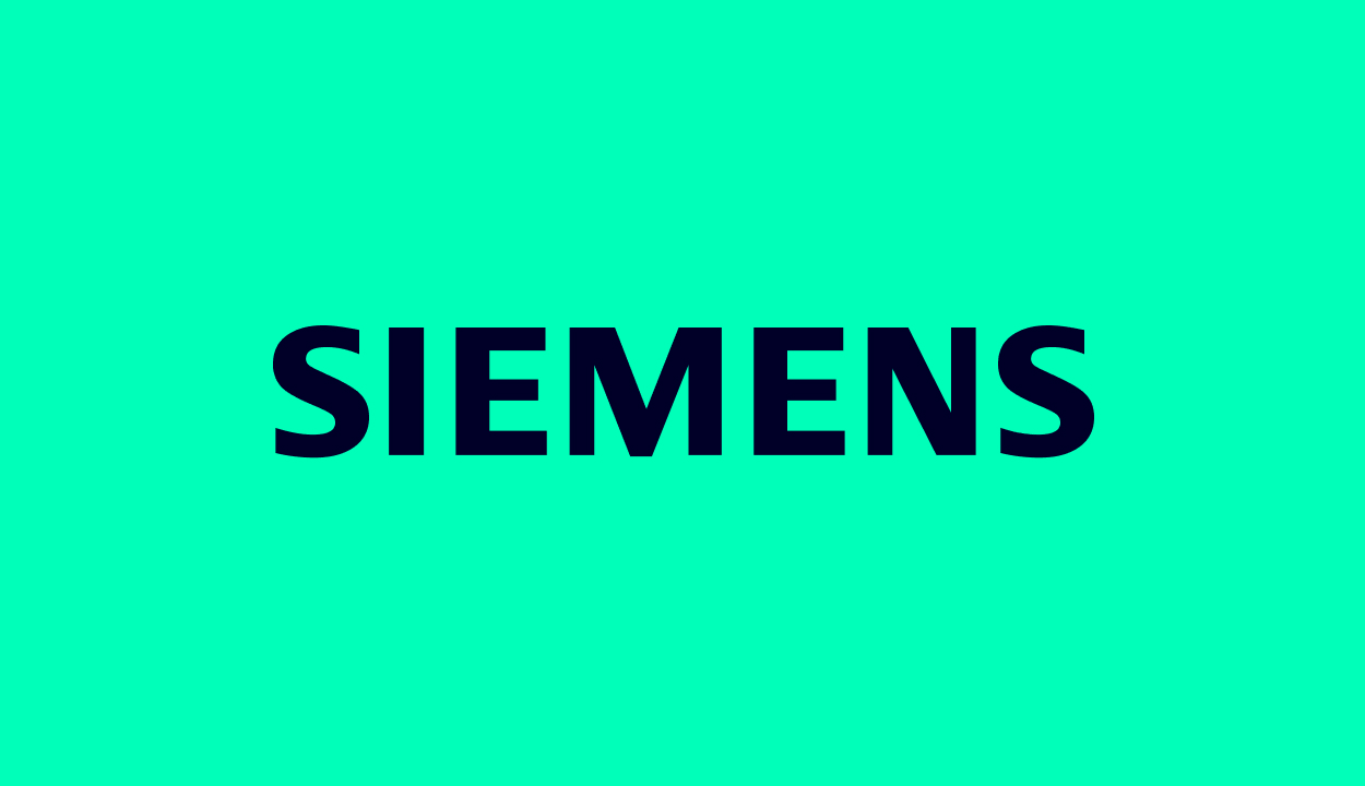 A dark blue Siemens logo on a birght aqua backgroundd